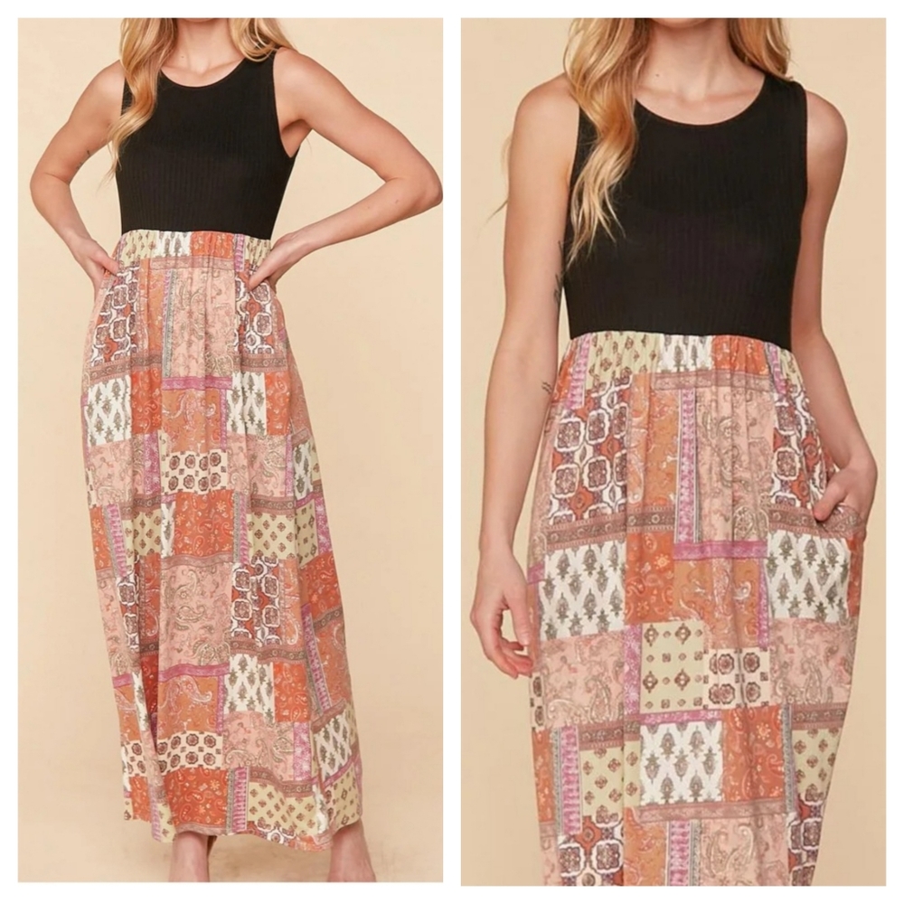 27 earthy tone boho multi print patchwork ribbed knit sleeveless maxi dress